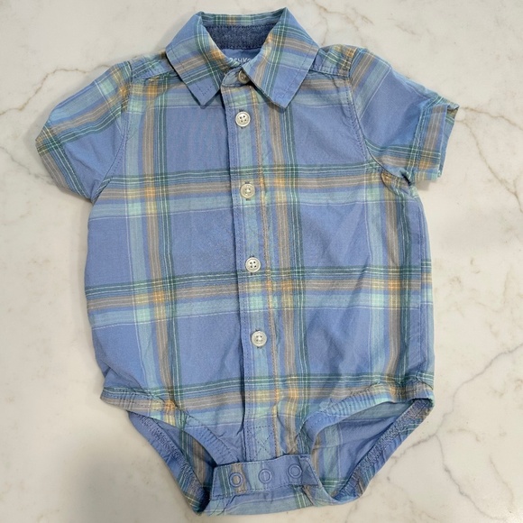 OshKosh B'gosh - 3M - Blue & Green Plaid Button Front Short Sleeve Bodysuit - Picture 1 of 4